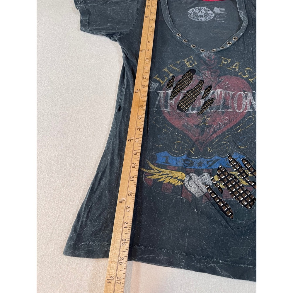 Affliction American Customs Womens Small Studded Distressed Graphic T-Shirt Grey - Picture 10 of 10